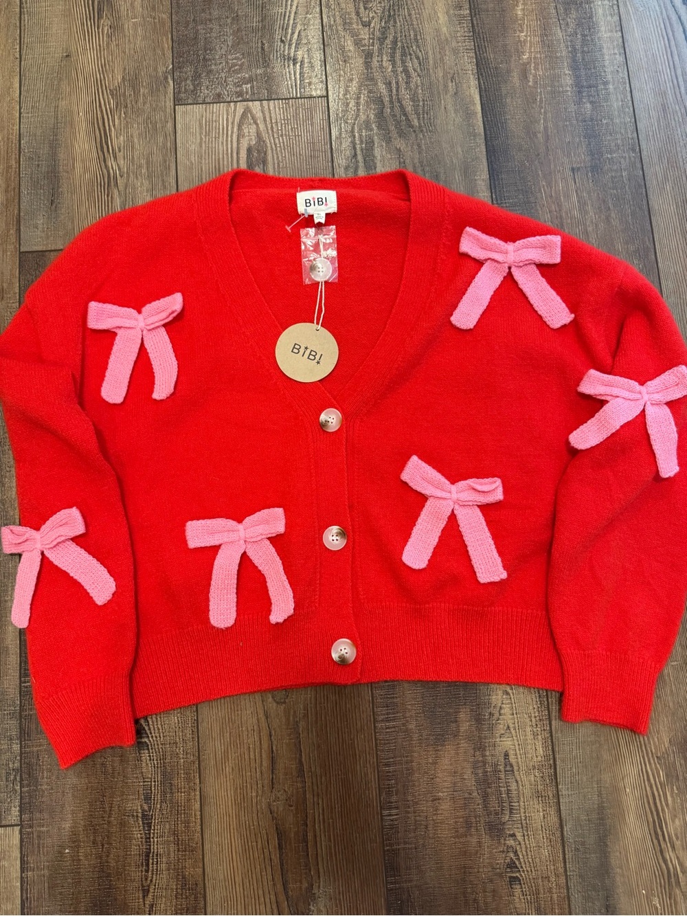 BiBi Red Cardigan with Pink Bow Accents